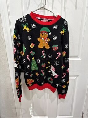 Ugly Holiday Christmas Sweater Gingerbread Unicorn Presents Tree Women’s Size XL